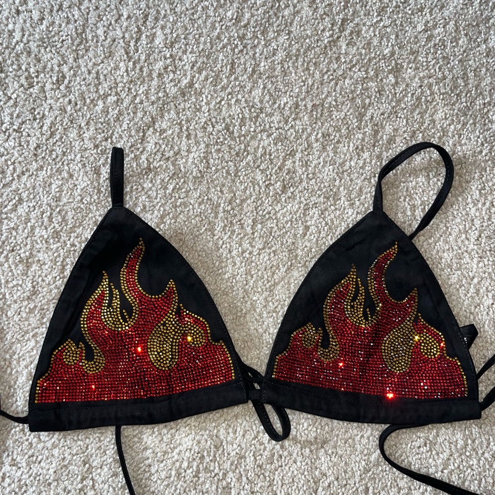 SHEIN Black Bralette with Red and Gold Rhinestone Flame Design